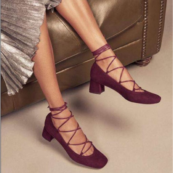 Stuart Weitzman Wine Burgundy Cordon Ballerina Lace Up Suede Pumps Size 4